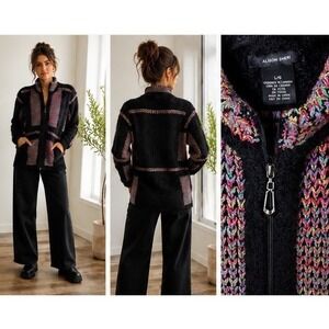 Alison Sheri Full Zip Cardigan Womens L Black Multi Color Fuzzy Knit